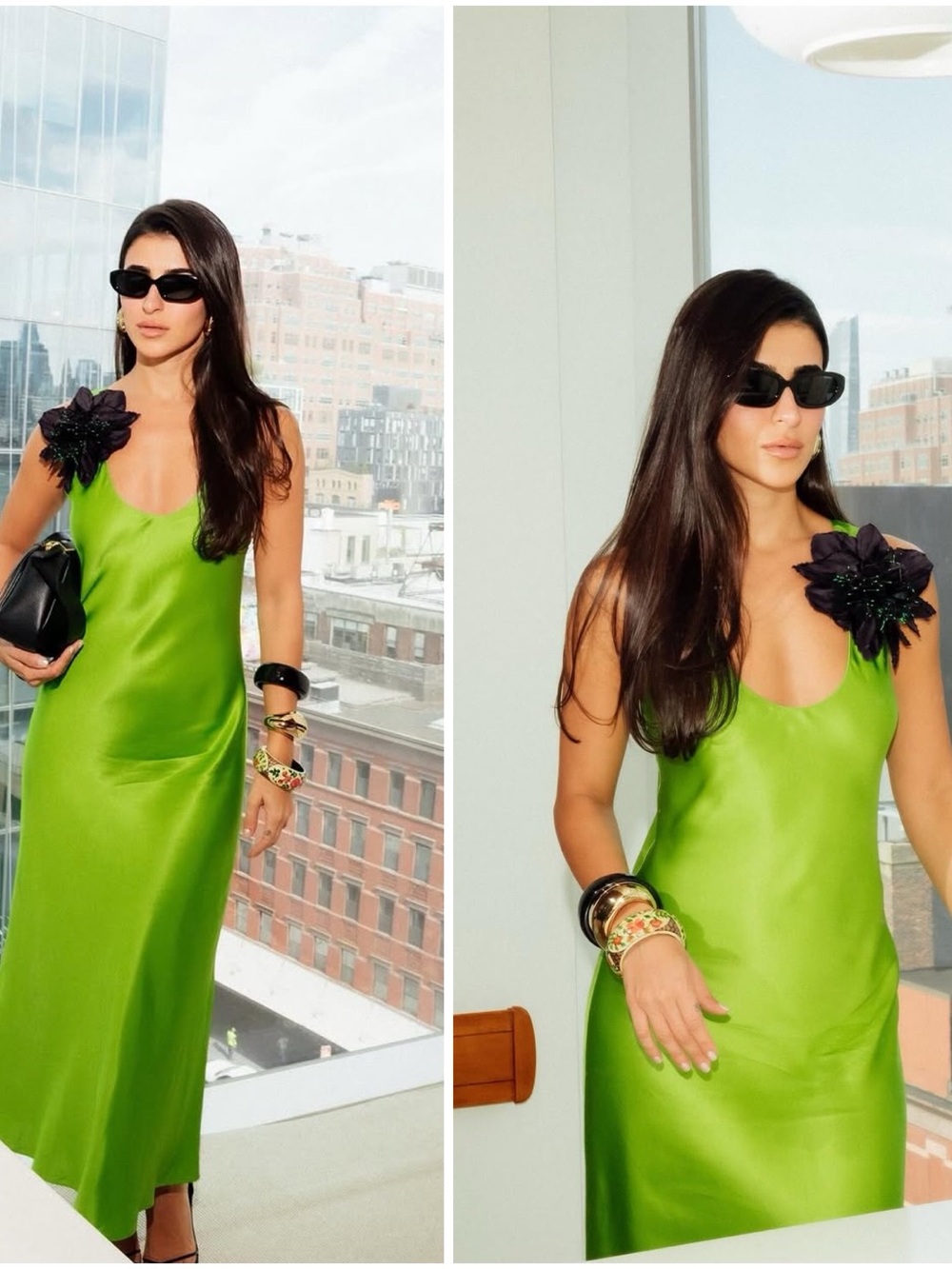 Tory Burch Lime Green Satin Midi Dress with Black Floral Shoulder Accent